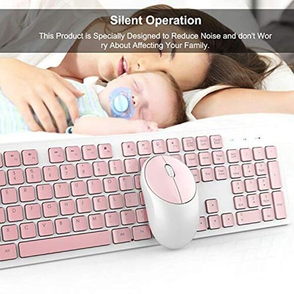 Wireless Keyboard and Mouse, Full-Size Pink 2.4GHz Silent USB Wireless Keyboard - Picture 5 of 7